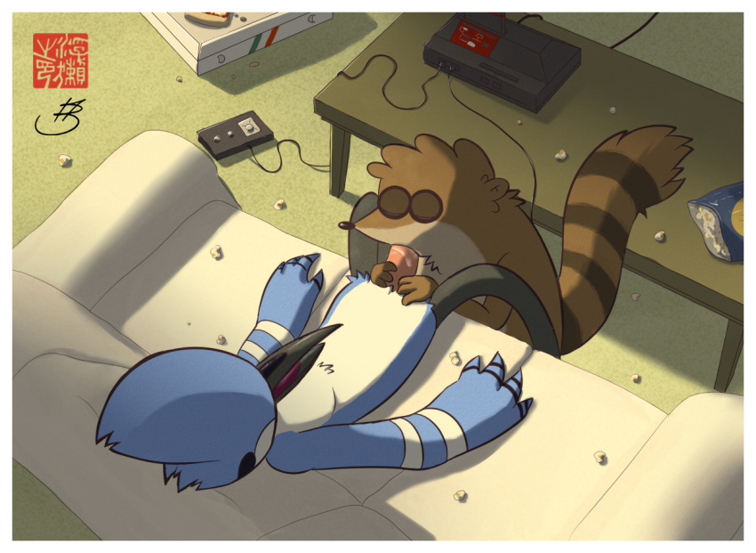 2boys anthro avian bird brown_fur cartoon_network closed_eyes food fur gay inside male male_only mammal mordecai oral procyonid raccoon regular_show rigby sitting sofa sweaciabic yaoi