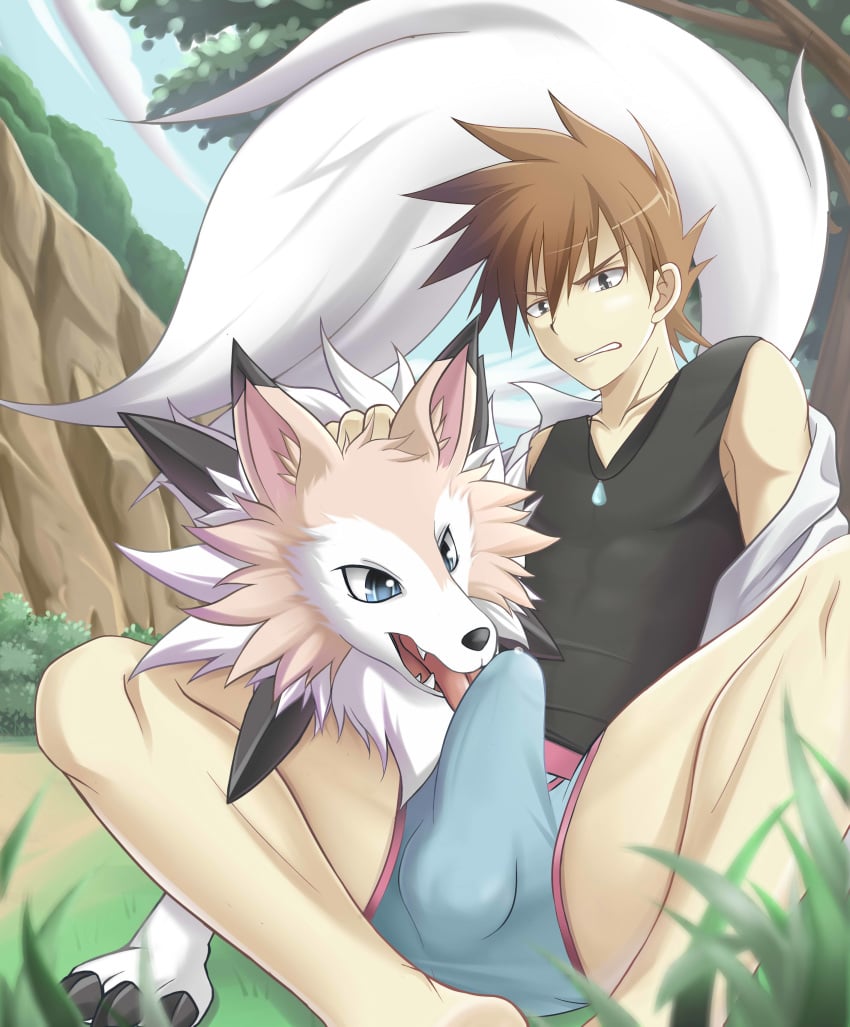 1boy ambiguous_gender big_tail blue_eyes blue_oak brown_fur brown_hair bulge canine claws clothes crotch erection fangs feet fellatio_over_clothes furry grass grey_eyes hand_on_head human interspecies licking lycanroc male midday_lycanroc necklace nintendo open_mouth oral outdoors paws penis pokemon pokemon_sm precum sitting sky spread_legs tail tank_top testicles tongue tongue_out tree underwear