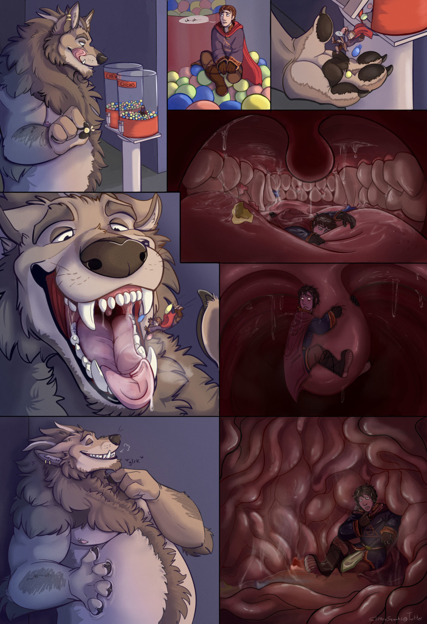 2020 4_fingers absurd_res anthro anthro_pred bodily_fluids body_hair canid canine canis comic danathius_(danaers) duo fingers fur grey_body grey_fur gumball_machine happy_trail hi_res human human_prey in_belly inside_mouth internal licking licking_lips male mammal micro musclegut on_tongue open_mouth pawpads paws pink_tongue saliva saliva_string sharp_teeth sound_effects squeakcore stomach_acid swallowing tai_(squeakcore) teeth tongue tongue_out uvula vore wolf