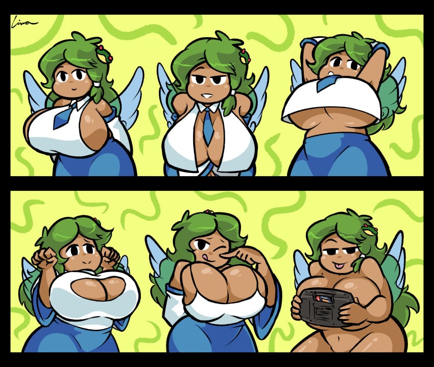 1girls 2d :p alternate_costume angel_wings bending_over bent_over big_breasts black_eyes breasts brown_skin cleavage female free_space frog_hair_ornament game_console game_controller green_hair hair_ornament linaciari looking_at_viewer meme_reference multiple_poses nude pose posing sanae_kochiya sideboob skin_tight solo solo_female tank_top tie tongue tongue_out touhou underboob wings