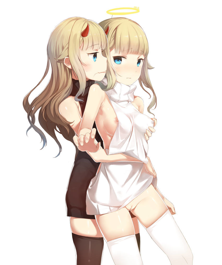 2girls :3 absurdres ange_(princess_principal) arm_at_side bangs bare_shoulders black_legwear black_sweater blonde_hair blue_eyes blunt_bangs blush breast_grab breasts clenched_hand closed_mouth clothes_lift demon_horns erect_nipples fake_halo furrowed_eyebrows grabbing haapi_jang_p hair_in_mouth highres horns hug hug_from_behind long_hair looking_at_viewer medium_breasts meme_attire multiple_girls nipple_slip nipples princess_(princess_principal) princess_principal pussy pussy_juice sideways_mouth standing sweatdrop sweater sweater_lift tears thighhighs turtleneck turtleneck_sweater uncensored virgin_killer_sweater wavy_mouth white_legwear white_sweater yuri