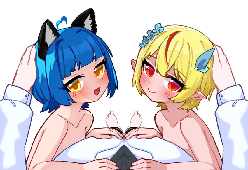 2girls blonde_hair blue_hair elf elf_ears elf_female elf_girl eternals_(idol_corp) female female_only hag idol-es idol_corp necromancer nude nude_female pointy_ears poko_rakun raccon_ears raccoon_girl raccoon_tail red_eyes ruby_runeheart short_hair small_breasts solo vtuber vtuberfanart witch yellow_eyes young