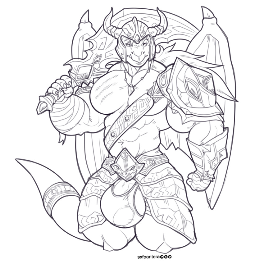 anthro armor balls bara big_bulge bulge clothed clothing dragon horn looking_at_viewer male male_only melee_weapon muscular muscular_male penis solo sword sxf-pantera sxfpantera weapon wings