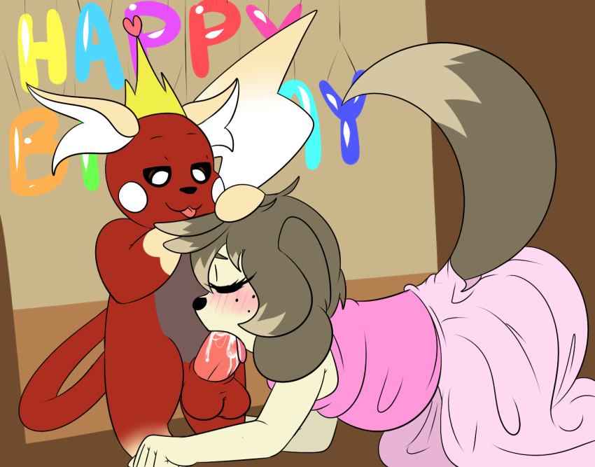 2017 2boys alternate_color anthro birthday blush canine closed_eyes clothed clothing crossdressing digital_media_(artwork) duo erection eyelashes fellatio feral furry gay girly hair interspecies makeup male male_only mammal nintendo open_mouth oral original_character penetration penis percey pokémon_(species) pokemon pokemon_(species) raichu rodent sex sucking sweetchu testicles tongue video_games