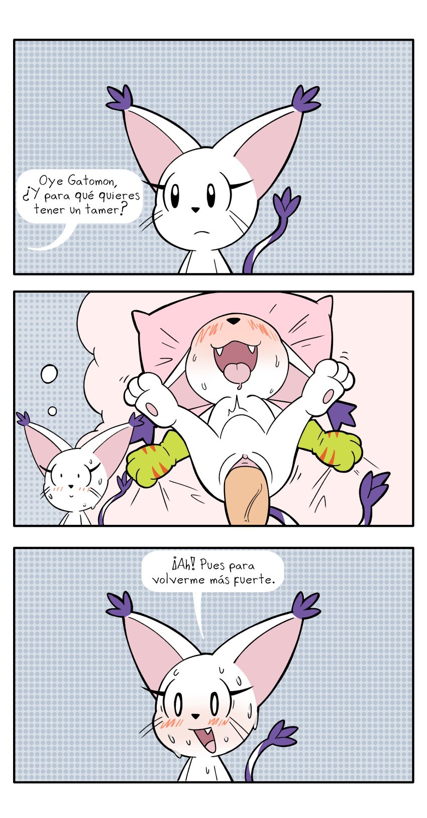 1girls absurd_res anthro bandai_namco blush bodily_fluids clothing comic dialogue digimon digimon_(species) el_senor_erizo eyelashes fantasizing felid female female_only fur gatomon genitals handwear hi_res humor mammal nervous nervous_smile nervous_sweat open_mouth penetration pussy sex simple_background smile solo spanish_text speech_bubble stomach_bulge sweat tail text thought_bubble vaginal_penetration white_body white_fur