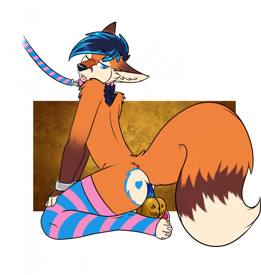 2017 5_fingers anal anthro ass balls bed bedroom blue_eyes blue_hair blush canine clothing collar cute digital_media_(artwork) dildo festive floof fluffy food fox fruit fur genitals girly green_eyes grin hair knot kyro_(phoenix2014) leggings legwear male mammal multicolored_fur penetration penis pose pumpkin sex_toy shy slim smile snout socks solo stockings teasing thigh_highs twilonangel