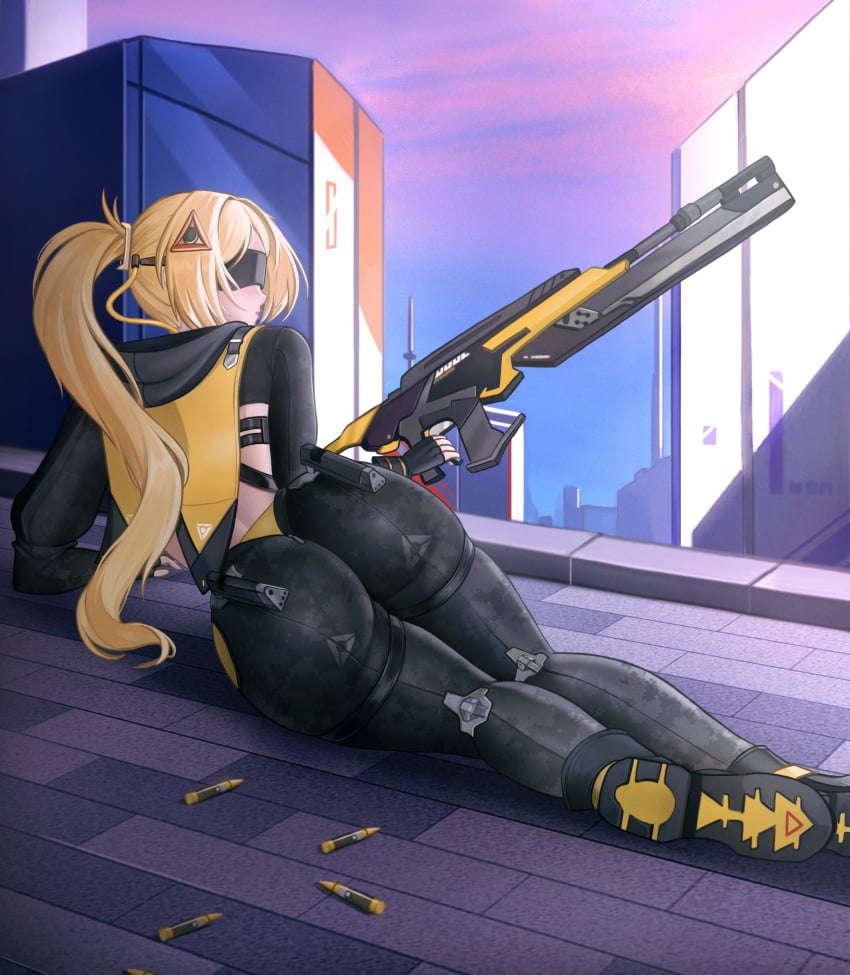 1girls ass big_ass blonde_hair bubble_butt dat_ass fat_ass female female_only gun huge_ass large_ass lying lying_on_side military_uniform puppnett rifle sniper_rifle soldier solo thick_ass thick_thighs trigger_(zenless_zone_zero) visor weapon wide_hips zenless_zone_zero