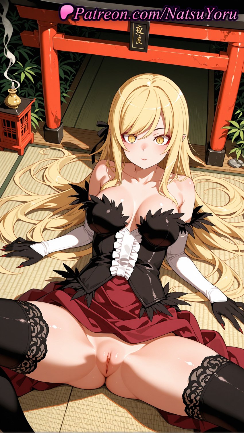 1girls 2025 ai ai_assisted ai_generated anime anime_style bakemonogatari bangs bare_shoulders black_gloves black_legwear black_ribbon black_thighhighs blonde_hair blush breasts breasts_apart bust busty cleavage cleft_of_venus closed_mouth clothes_lift collarbone detached_sleeves dress elbow_gloves feather_trim female_focus female_only gloves hair_ribbon handwear hentai hi_res high_quality high_resolution highres kiss-shot_acerola-orion_heart-under-blade large_breasts long_hair looking_at_viewer lying medium_breasts monogatari_(series) natsuyoru no_panties non-asian on_back paipan patreon pointed_ears pointy_ears pussy red_dress ribbon sitting skirt slit_pupils solo solo_female spread_legs stable_diffusion strapless strapless_dress tatami thighhighs thighs uncensored vagina vampire very_long_hair voluptuous voluptuous_female yellow_eyes