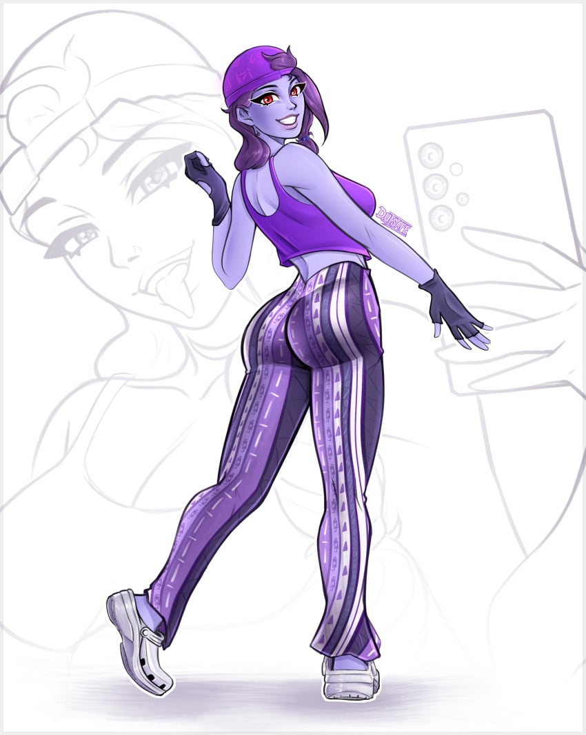 2025 alternate_costume artist_name artist_request ass black_gloves breast casual cellphone colored_skin crop_top dark_ruby_(fortnite) dutsafe_(artist) female fingerless_gloves flare_pants forbidden_pants fortnite fortnite:_battle_royale from_behind full_body gloves hat headband hi_res highres long_hair looking_at_viewer looking_back medium_breasts pants phone purple_hair purple_lips purple_skin red_eyes selfie shoes smartphone smile sneakers solo standing tank_top teeth tongue tongue_out zoom_layer