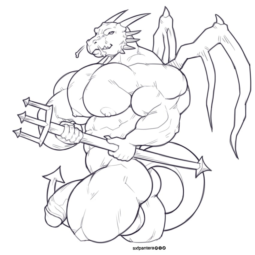 anthro balls bara dragon flaccid greyscale horn humanoid_penis male male_only melee_weapon monochrome muscular muscular_male nipples nude penis polearm smile solo sxf-pantera sxfpantera trident weapon wings