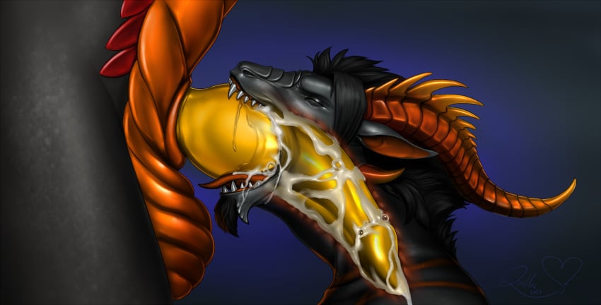 anthro aohren balls big_balls big_penis black_hair black_scales close-up closed_eyes cum cum_in_mouth cum_in_throat cum_inside cum_on_face darylith deep_throat dragon fellatio hair hi_res horn internal invalid_tag knot leaking male neck_bulge oral orange_scales penis quillu scales sex size_difference teeth yaoi yellow_penis