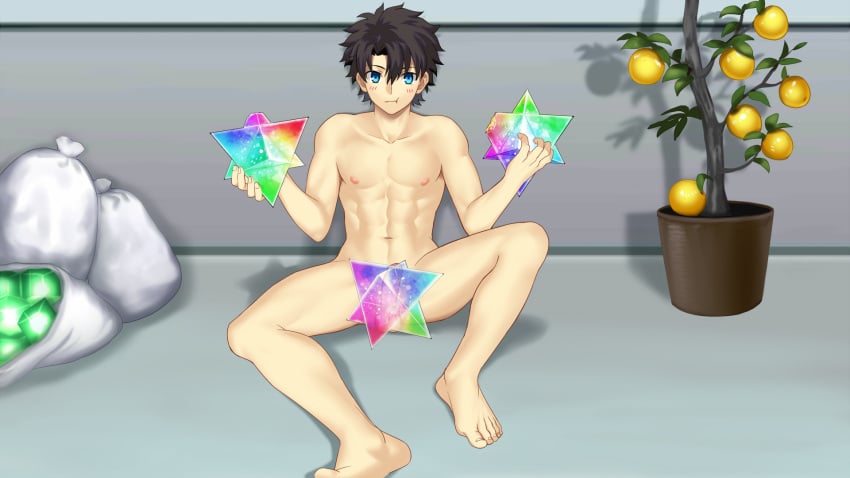 1boy abs barefoot blush fate_(series) feet ji_tu_jun male male_only nipples nude penis sitting solo tagme toes