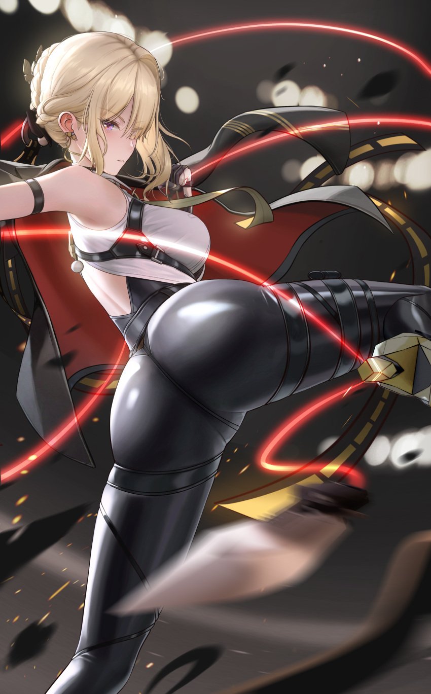 1girls ass big_ass blonde_hair breasts bubble_butt clothing dat_ass evelyn_chevalier fat_ass female female_only heels huge_ass large_ass leg_up looking_at_viewer raidriar_18 solo thick_ass thick_thighs wide_hips wire zenless_zone_zero