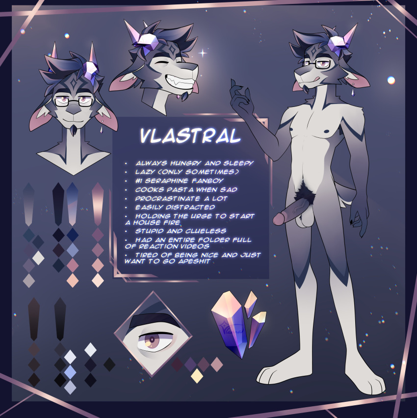 3_toes 5_fingers absurd_res anthro black_hair black_nipples bodily_fluids body_hair bovid brown_eyes caprine closed_eyes closed_smile color_swatch crystal crystal_horn ear_piercing ear_ring eyewear eyewear_only facial_hair feet fingers fur fur_markings genital_fluids genitals glasses glasses_only goat goatee hair half-closed_eyes happy_trail hi_res huejangmyeon humanoid_genitalia humanoid_penis looking_at_viewer male mammal markings model_sheet mouth_closed multicolored_body multicolored_fur multiple_images narrowed_eyes nipples nude penis piercing pseudo_horn pubes ring_piercing slim slim_male smile solo standing star teeth toes tongue tongue_out vein veiny_penis vlastral vlastral_luminedein wearing_glasses