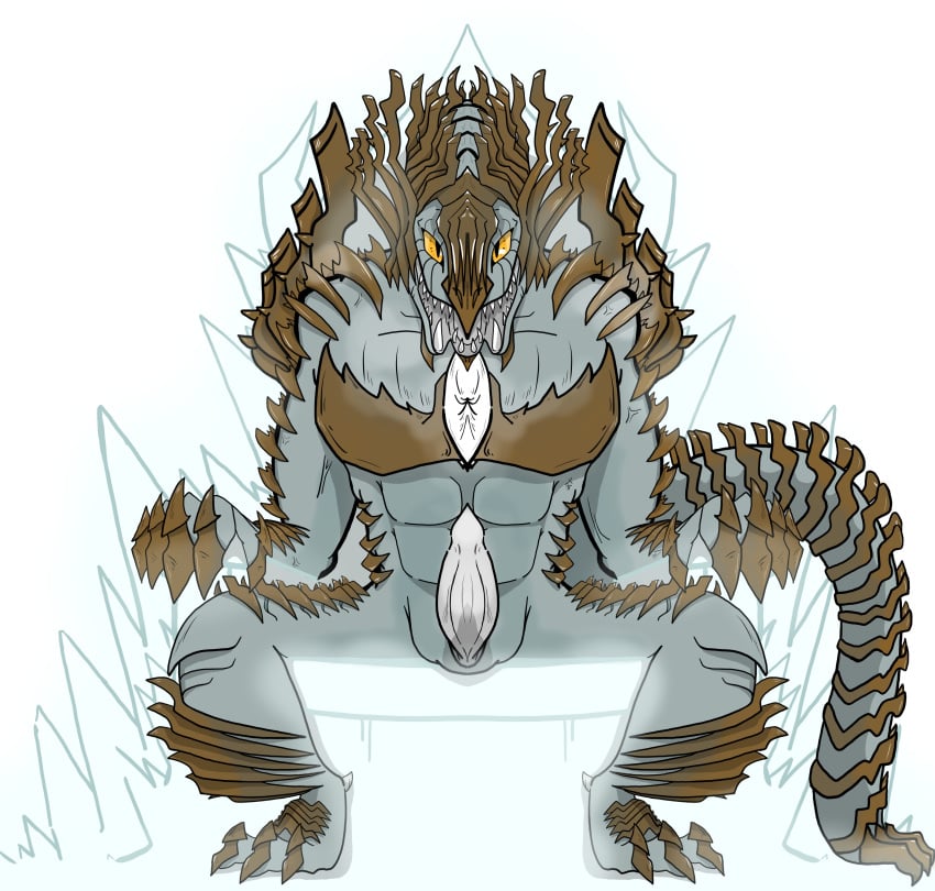 absurd_res anthro brown_ridges capcom chair claws crimsontyd erection fog furniture genitals grey_body grey_penis grey_scales grey_skin hi_res ice jin_dahaad leaning leaning_forward leviathan_(mh) long_tail looking_at_viewer male metallic_body monster_hunter multicolored_body muscular muscular_anthro muscular_male on_chair orange_eyes penis pupils ridges scales scalie sharp_teeth simple_background sitting sitting_on_chair slit_pupils smile solo spikes spikes_(anatomy) split_mouth spread_legs spreading tail teeth throne white_background white_penis