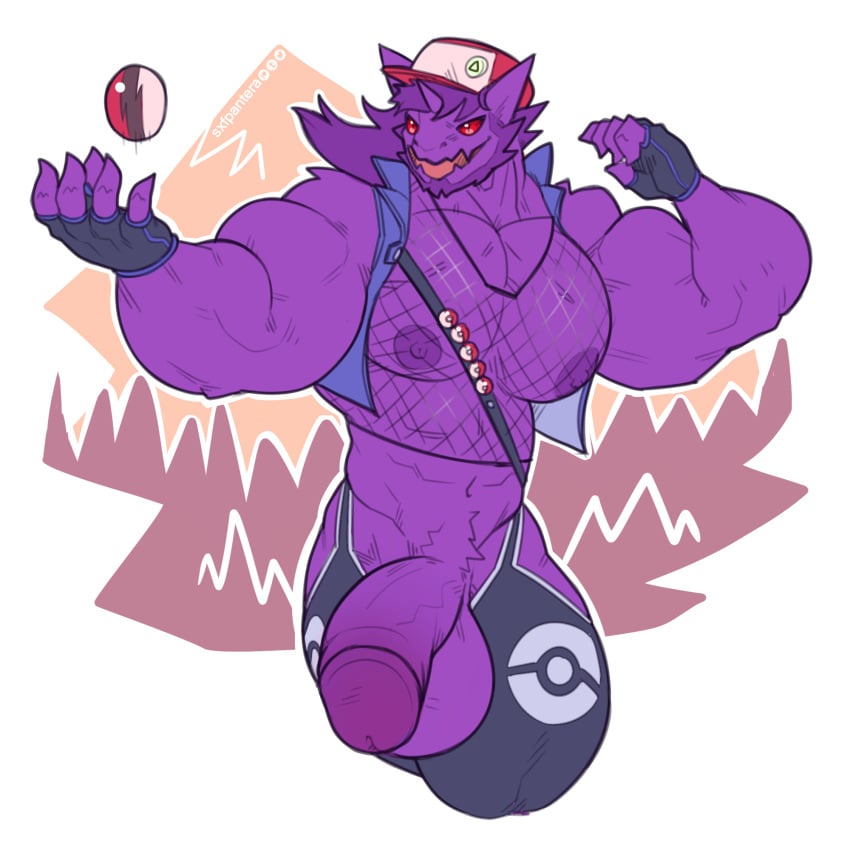 anthro balls bara beard big_balls big_biceps big_muscles big_pecs big_penis facial_hair fishnet hat haunter huge_balls huge_muscles huge_pecs huge_penis humanoid_penis hyper hyper_balls hyper_penis male male_only muscles muscular muscular_male nintendo nipples open_mouth penis pokéball pokemon solo sxf-pantera sxfpantera thick_thighs unknown_species video_games