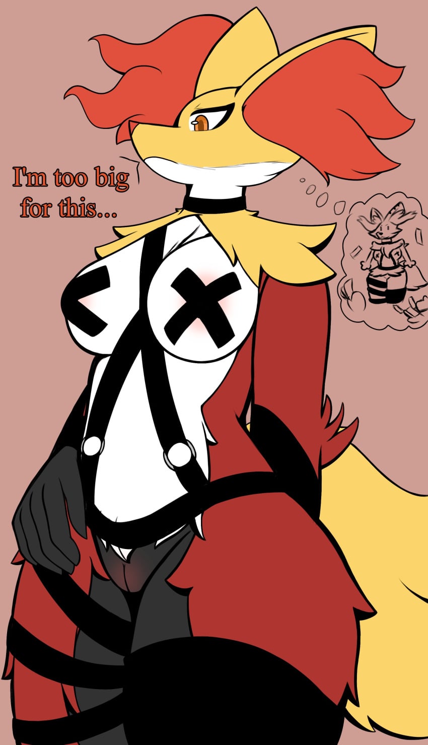 absurd_res anthro arm_tuft big_breasts black_body black_fur breasts brown_background choker delphox eyelashes female female_only front_view fur generation_6_pokemon genitals hi_res inner_ear_fluff jewelry leather leather_strap necklace nintendo nipple_tape orange_body orange_eyes orange_fur orange_nose pasties pokemon pokemon_(species) rayleigh_fortune red_body red_fur shoulder_tuft simple_background solo straps tape text thick_thighs thought_bubble tuft vulva white_body white_fur wide_hips yellow_body yellow_fur