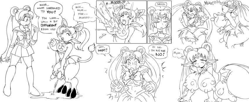 anthro ass big_breasts bishoujo_senshi_sailor_moon bovine breast_expansion breast_udders breasts butt_expansion cattle chibi_usa clothing cow_girl dialogue duo female huge_breasts human lactation large_breasts mammal monochrome multi_nipple nipples no_color open_mouth p.chronos projectile_lactation ribbons sailor_chibi_moon sailor_moon sequence shirt simple_background skirt standing surprise teats torn_clothing transformation udders usagi_tsukino wet wide_hips