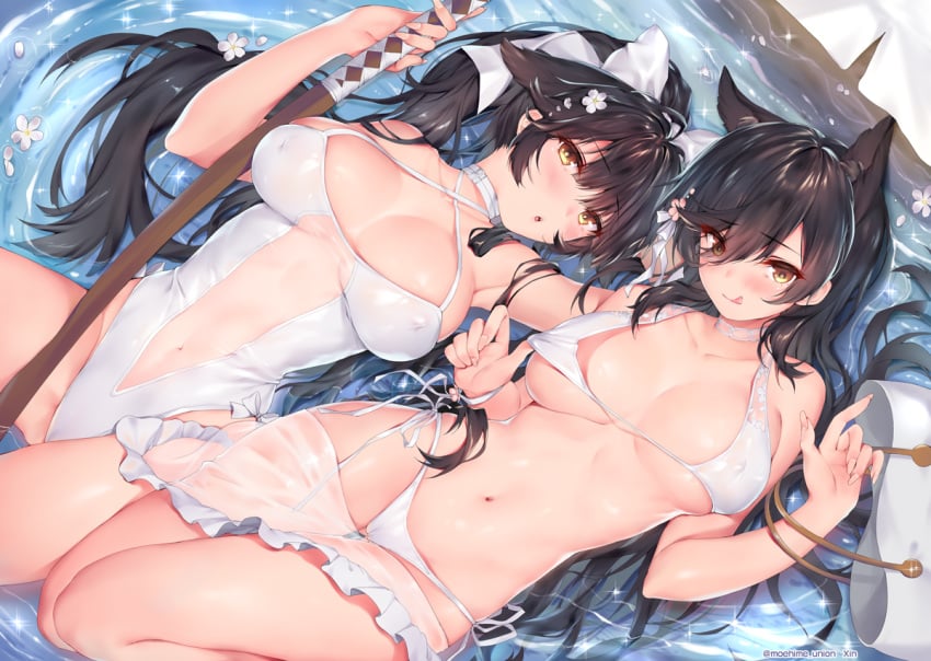 2girls animal_ears atago_(azur_lane) atago_(summer_march)_(azur_lane) azur_lane bag bikini black_hair blush breasts cleavage curvy erect_nipples female female_focus female_only huge_breasts in_water katana large_breasts light-skinned_female light_skin multiple_girls nipple_bulge nipples obiwan orange_eyes pool sakura_empire_(azur_lane) see-through see-through_swimsuit skirt swimsuit tagme takao_(azur_lane) takao_(beach_rhapsody)_(azur_lane) very_long_hair water wet white_bikini xin_(moehime)