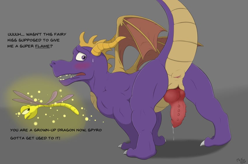 claws cum dialogue dragon embarrassed erection feral hi_res horn invalid_tag knot male male_only mcfan membranous_wings nude penis scalie sex simple_background sparx spyro spyro_the_dragon sweat text video_games wings