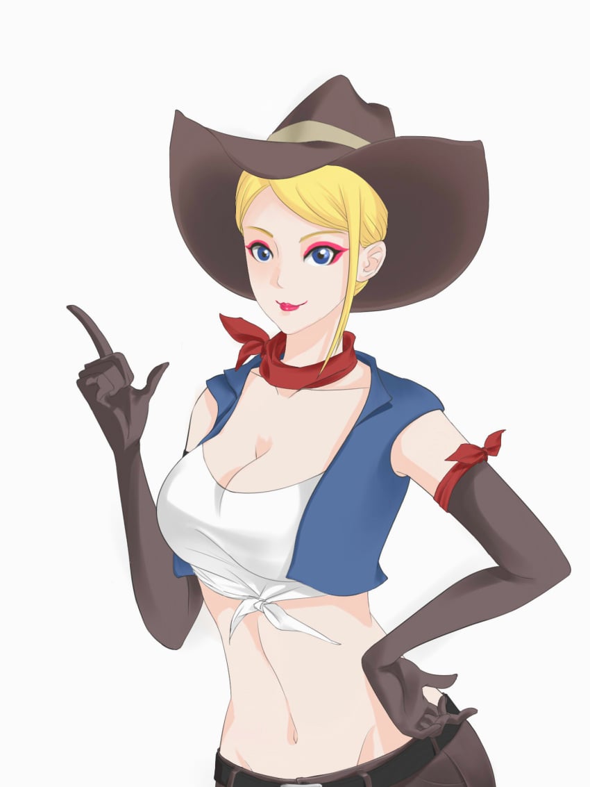 1girls artist_request blonde_hair blue_eyes breasts breeze_dancer cleavage clothed collarbone cowboy_hat cowboy_shot elbow_gloves eyeshadow female female_only front_view gloves hand_on_hip hat human large_breasts lipstick midriff naruto naruto_online navel neckerchief pink_eyeshadow pink_lipstick simple_background solo tagme vest video_game_character white_background