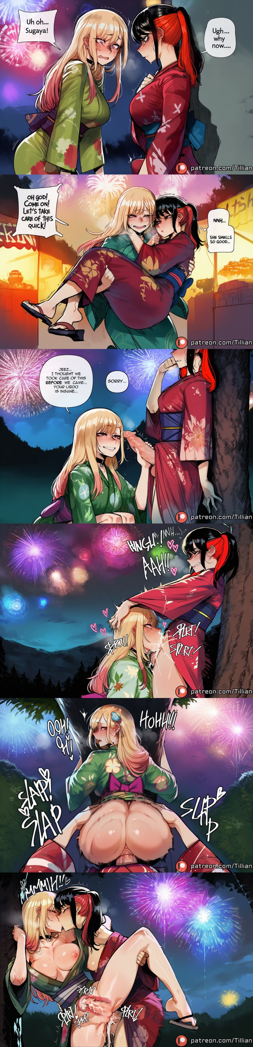 tillian ai_generated my_dress_up_darling marin_kitagawa sugaya_nowa kitagawa_marin japanese_clothes kimono bulge 2girls multiple_girls blonde_hair futanari erection_under_clothes english_text black_hair patreon_username breasts blush erection multicolored_hair floral_print red_hair ponytail long_hair earrings princess_carry carrying yuri patreon_logo speech_bubble web_address red_eyes penis futa_with_female uncensored against_tree tree oral cum fellatio fireworks night cum_in_mouth outdoors sex ass pov sex_from_behind hair_ornament hetero 1boy nipples internal_cumshot kiss cum_in_pussy ejaculation large_breasts vaginal