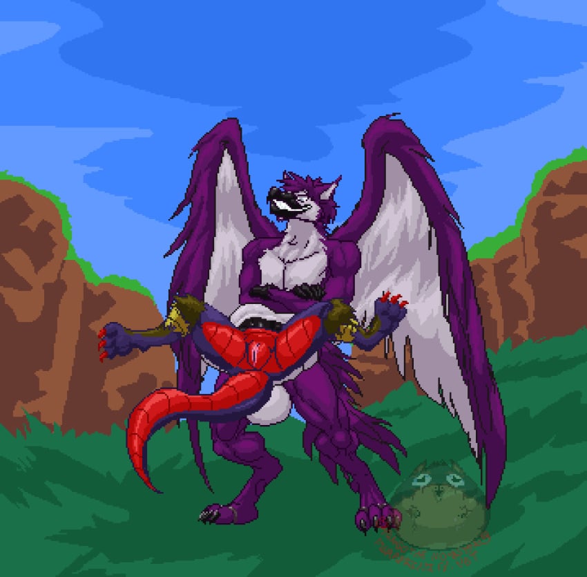 2017 5_fingers animal_genitalia animated anthro anthro_on_anthro avian balls beak big_balls big_penis bulge closed_eyes cock_vore crossed_arms day dialogue dragon duo english_text erection feathered_wings feathers female flaccid forced fully_sheathed fur gitana gloves_(marking) grass gryphon hair hungothenomster inside_balls inside_penis inside_sheath knot laugh looking_down loop lorane makudaichi male markings multicolored_fur muscular muscular_male nude panting penis pixel_art prey_tattoo purple_fur purple_hair purple_skin pussy red_penis sheath sheath_vore standing straight tattooification teeth text tongue tongue_out two_tone_fur vein vore white_fur white_skin wings