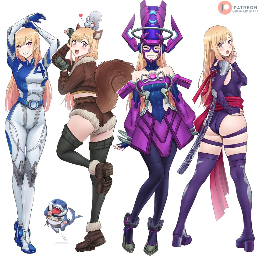 2d absurdres animal animal_ears arms_up ass bikini blonde_hair blue_bodysuit bodysuit boots breasts brown_jacket brown_shorts closed_eyes commentary cosplay dismaiden ear_piercing english_commentary fantastic_four female fingerless_gloves flower full_body galacta galacta_(cosplay) gloves gradient_hair green_gloves green_thighhighs grin gyaru heart helmet highres jacket jeff_(marvel) kitagawa_marin leotard long_hair marvel marvel_rivals medium_breasts micro_shorts multicolored_hair multicolored_helmet multiple_views open_mouth patreon_logo patreon_username piercing pink_eyes pink_hair psylocke psylocke_(cosplay) psylocke_(vengeance) purple_flower purple_helmet purple_leotard shark shorts simple_background smile sono_bisque_doll_wa_koi_wo_suru squirrel squirrel_ears squirrel_girl_(marvel) squirrel_girl_(marvel)_(cosplay) squirrel_tail standing standing_on_one_leg sue_storm sue_storm_(cosplay) swimsuit tail teeth thigh_boots thigh_strap thighhighs two-tone_bodysuit white_background white_bodysuit x-men