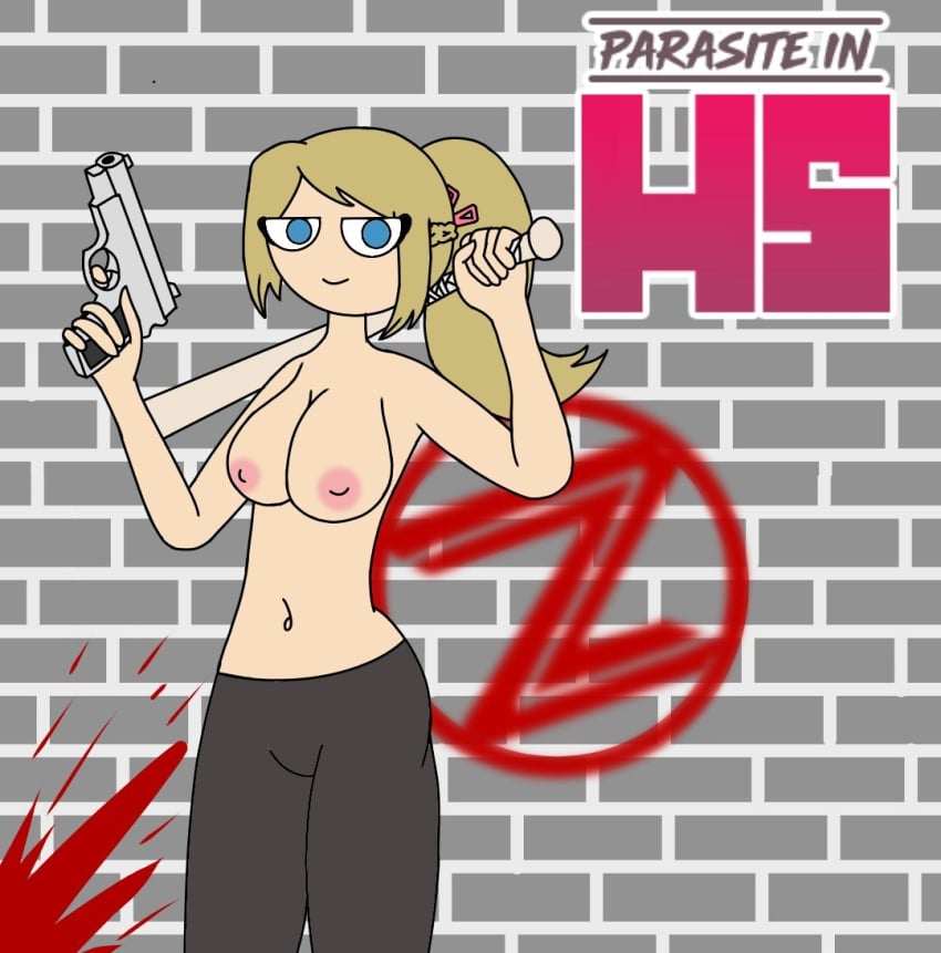 1girls alternate_version_available artist_request baseball_bat blonde_hair female fhs fhsz3r0 fnafhs fnafhs_z3ro fnafhsrule34 gun joy_(fnafhs) long_hair ponytail solo_female standing tagme topless topless_female weapon weapon_over_shoulder