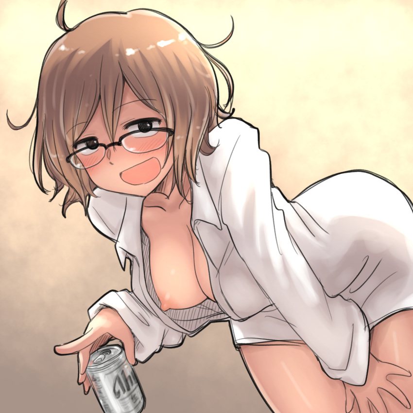 10s aaaa beer_can black_eyes breasts brown_hair can dagashi_kashi drunk female glasses gradient_background holding holding_beer holding_can large_breasts leaning_forward looking_at_viewer looking_over_glasses messy_hair nipple_slip nipples open_clothes open_mouth owari_hajime short_hair smile solo