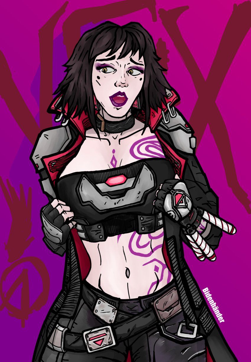 1girls belly belly_button bidenhander_(artist) borderlands borderlands_4 breasts breasts_focus brown_hair choker cloak dressed earrings female female female_only gloves looking_away naughty naughty_face open_mouth pants pouch pouches purple_background purple_eyeshadow purple_lipstick siren_(borderlands) tattoo tattooed_arm tattoos tits_focus topwear vex_(borderlands) yellow_eyes