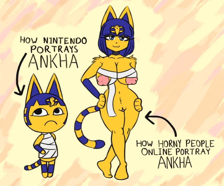 animal_crossing animated ankha anthro big_breasts blue_body blue_eyes blue_hair breasts comparison domestic_cat duo egyptian english_text felid feline felis female fenrik_(artist) fur furry furry_only hand_on_hip looking_at_viewer mammal neckwear nintendo nipples pussy short_playtime shoulder_tuft simple_background tail text tuft yellow_background yellow_body