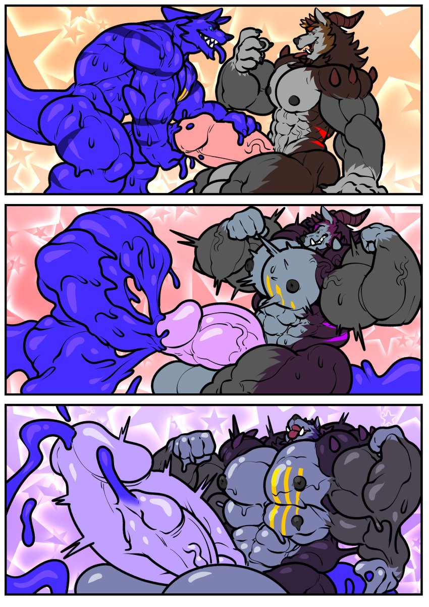 anthro balls bearcat beard big_balls big_penis blue_body brown_body canine chest_hair chest_tuft cock comic demon dick diphallia diphallism engis_(trencalos) flexing furry fusion gay goo_creature gray_body growth head_tuft homosexual horn hugging hyper_balls kissing male male/male male_only male_penetrating mane markings merging muscle_growth muscles muscular muscular_male neck_tuft penetration penis penis_growth pubes pubic_hair sex shark shark_tail size_difference slime stripes tail tongue tongue_kiss tongue_out trencalos tusks vein veiny_penis wolf