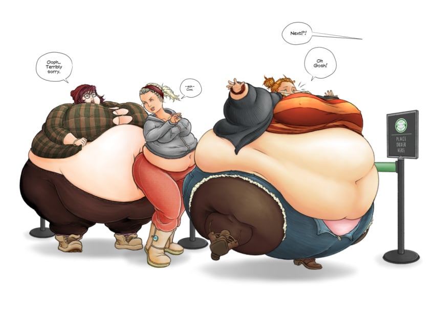 3girls female inflation obese overweight sickstar spherical_inflation wardrobe_malfunction weight_gain