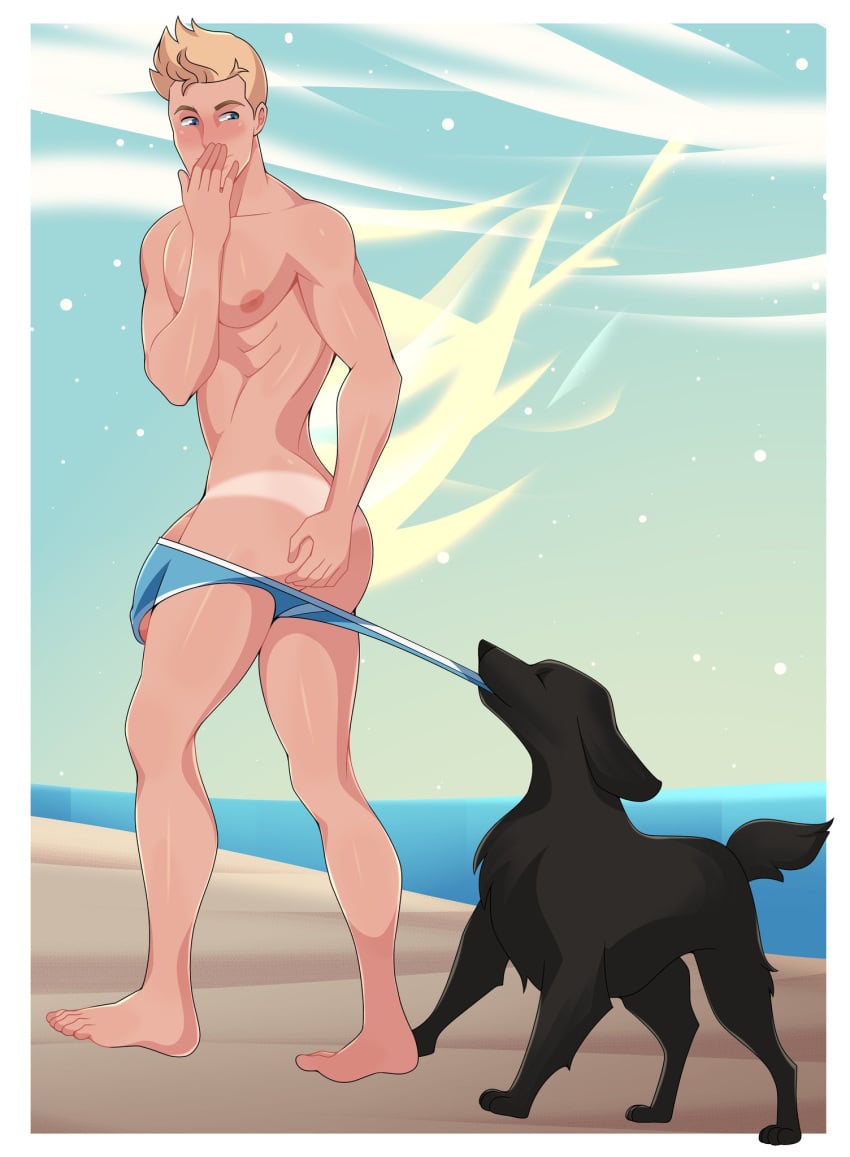 1boy barefoot beach blonde_hair blue_eyes canid canine canis coppertone_pose domestic_dog feet feral hand_on_butt hand_over_mouth johnny_storm looking_back male male_only mostly_nude skimpy_swimwear speedo swimsuit swimsuit_only swimsuit_pull tanline x-men yuunsfw