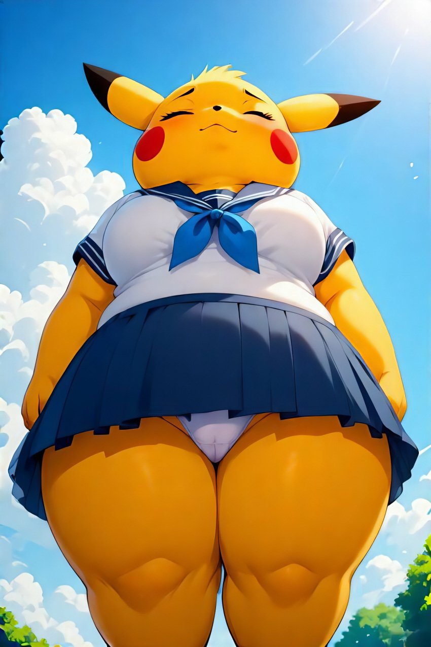 1girls ai_assisted ai_generated anthro anthro_female anthro_only bbw big_breasts bluesky curvy_figure deviantart fat fat_thighs female female_anthro female_only furry furry_female furry_only low-angle_view panties pikachu plump plump_thighs pokémon_(species) pokemon pokemon_(species) school_uniform schoolgirl schoolgirl_uniform shiny_skin standing thick_thighs twitter visible_underwear wide_hips yaenzis
