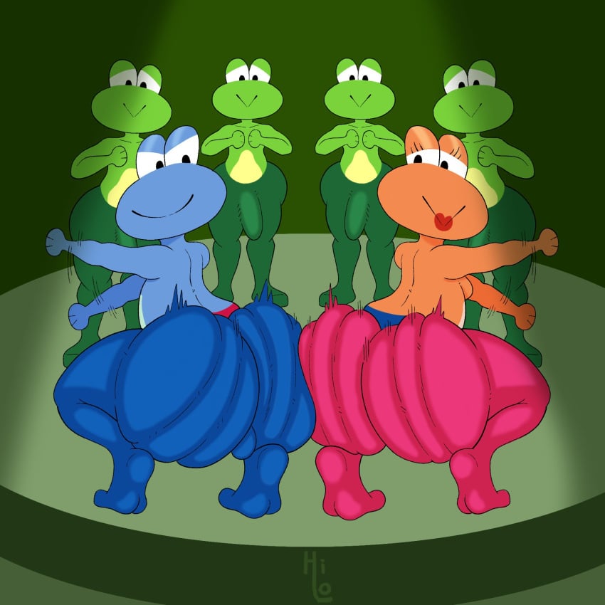 2025 amphibian anthro ass ass_to_ass bandleader big_butt black_eyes blue_body blue_bottomwear blue_clothing blue_pants blue_skin bottomwear bulge clothing crouching detailed_bulge digital_media_(artwork) eyelashes female frog frogette genital_outline green_body green_bottomwear green_clothing green_pants green_skin group half-closed_eyes hi_res itsme_hilo lipstick looking_at_another makeup male motion_lines multicolored_body multicolored_bottomwear multicolored_clothing multicolored_skin narrowed_eyes nintendo orange_body orange_skin pants penis_outline pose rear_view red_bottomwear red_clothing red_lipstick red_pants rhythm_heaven signature smile standing thick_thighs two_tone_body two_tone_bottomwear two_tone_clothing two_tone_pants two_tone_skin