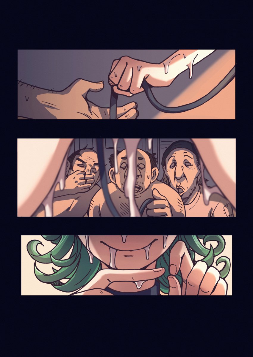 3boys 3koma absurdres black_collar closed_mouth collar comic completely_nude cum cumdrip curly_hair faceless faceless_male female green_eyes green_hair highres hypnosis leash male mind_control multiple_boys nude one-punch_man penetration_gesture short_hair smile tatsumaki ttf