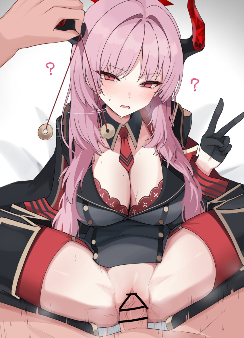 1boy ? absurdres bar_censor black_gloves blue_archive breasts censored cleavage coin coin_on_string commentary_request demon_girl demon_horns female gloves halo highres holed_coin horns huge_breasts hypnosis long_hair mind_control mole mole_on_breast necktie pad_sex_cyclops pendulum penis pink_hair pussy red_eyes red_necktie satsuki_(blue_archive) sex short_necktie spread_legs straight thighhighs v vaginal_penetration