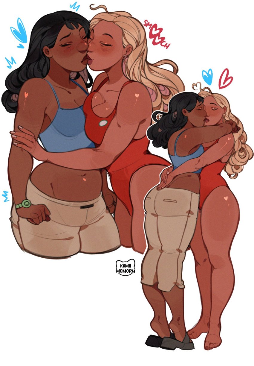 2girls arms_around_partner ass black_hair blonde_hair breasts brown_body dark-skinned_female dark_skin disney kamii_momoru kissing lesbian_kiss lifeguard lifeguard_(lilo_and_stitch) lilo_and_stitch nani_pelekai navel pants sandals swimsuit tan_skin thick_thighs thighs wristwatch yuri