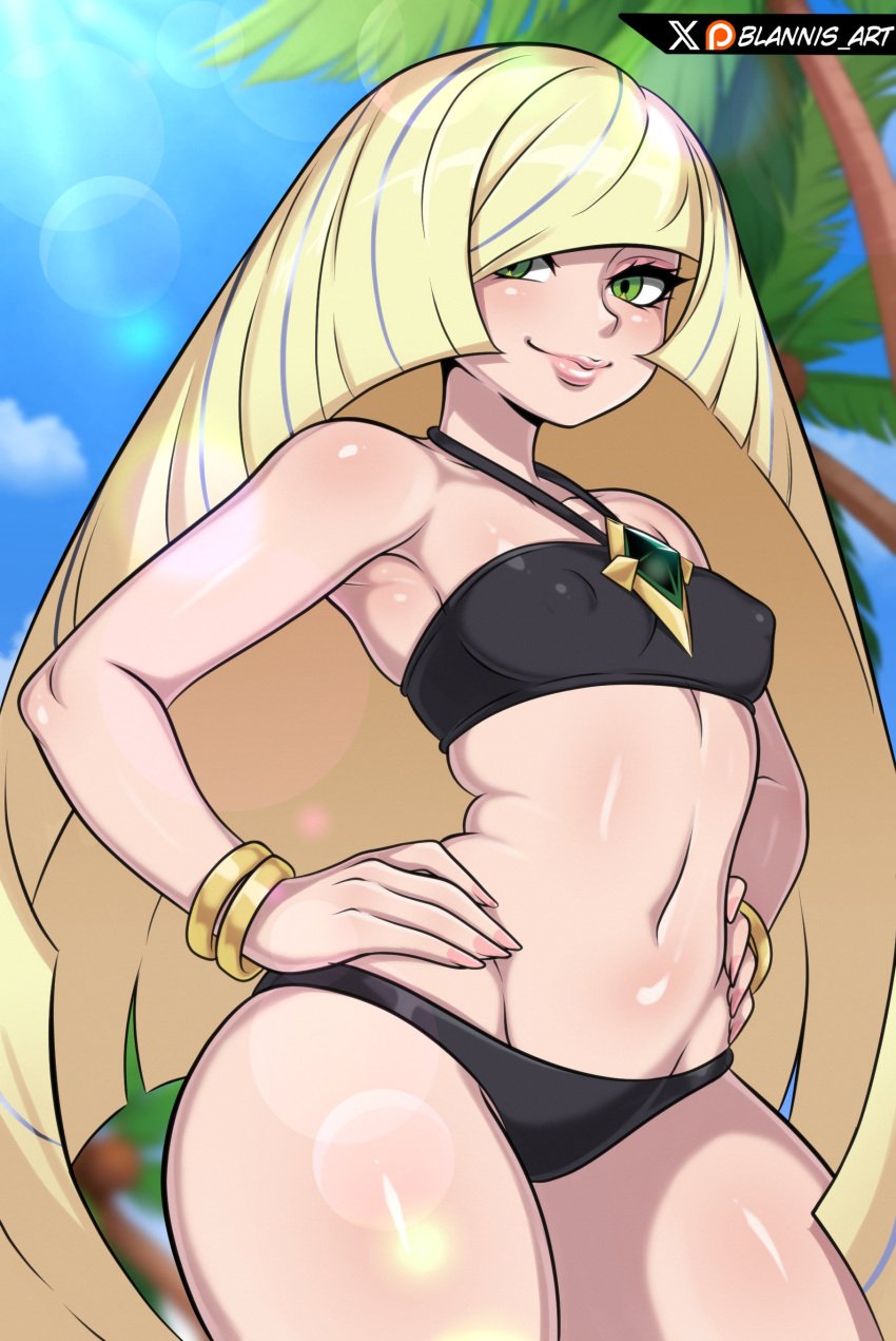 1girls absurdres arched_back artist_name bikini black_bikini blannis blannis_art blonde_hair blue_sky bracelet breasts closed_mouth collarbone covered_erect_nipples day eyebrows eyelashes female female_focus green_eyes hands_on_own_hips highres jewelry lips long_hair looking_at_viewer looking_to_the_side lusamine_(pokemon) mature_female navel necklace nintendo outdoors pokemon pokemon_(anime) pokemon_sm049 pokemon_sm_(anime) sky small_breasts solo standing sun swimsuit wide_hips