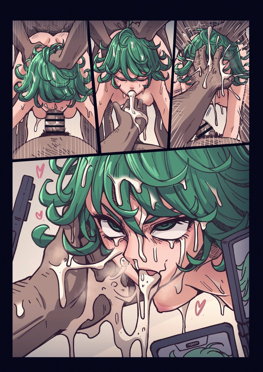 2boys 4koma absurdres bukkake cellphone censored censored_penis comic completely_nude cum cum_in_mouth cum_on_body cum_on_hair cum_on_tongue cumdrip curly_hair dark-skinned_male dark_skin facial fellatio female gangbang green_eyes green_hair group_sex hand_on_another&#039;s_face heart highres hypnosis male mind_control multiple_boys nude one-punch_man oral penis phone rolling_eyes short_hair smartphone straight taking_picture tatsumaki tongue tongue_out ttf