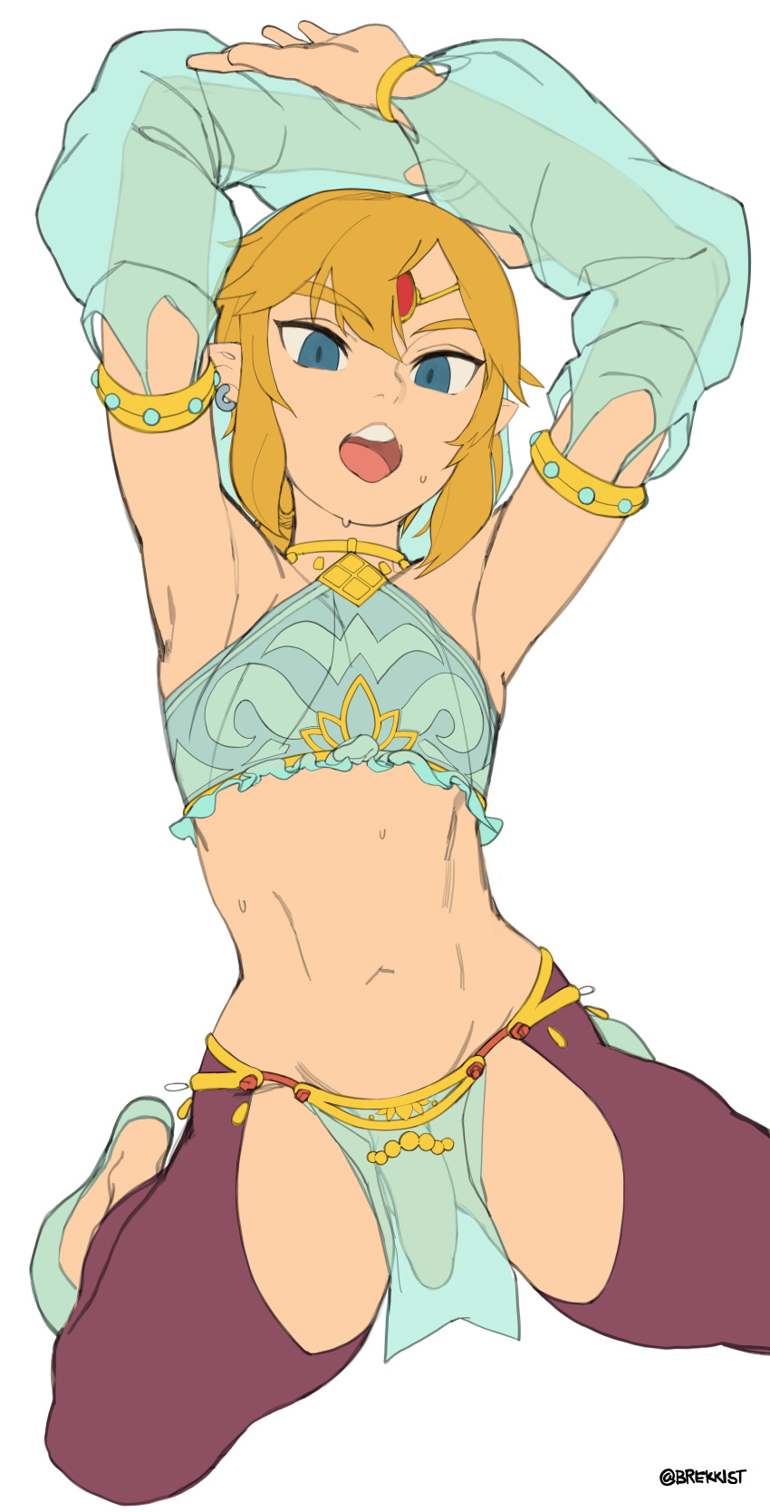 1boy absurdres androgynous arms_up blonde_hair blue_eyes breath_of_the_wild brekkist canon_crossdressing crossdressing detached_sleeves earrings femboy gerudo_link gerudo_sirwal gerudo_top gerudo_veil girly highres hoop_earrings hourglass_figure hylian jewelry link link_(breath_of_the_wild) navel open_mouth pelvic_curtain penis penis_under_loincloth pointy_ears see-through simple_background solo stomach the_legend_of_zelda trap