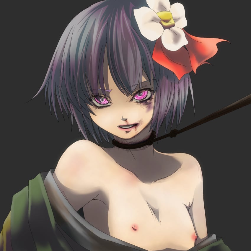 abuse bad_id bare_shoulders blood bondage bound breasts bruise collarbone face female flat_chest flower happy_sub hieda_no_akyuu highres ikkei_dou injury leash lips nipples no_bra off_shoulder purple_eyes purple_hair rope slave smile solo topless touhou upper_body