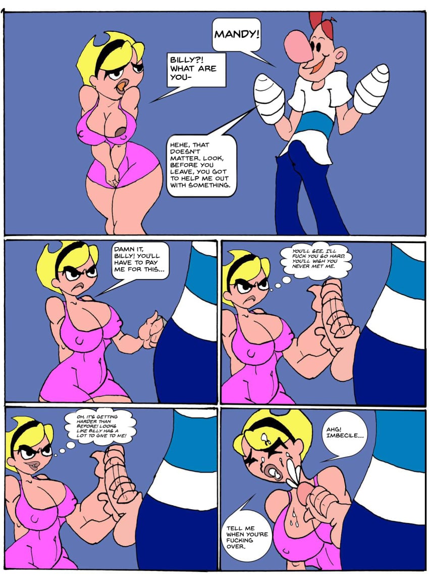 1boy 1girls big_breasts billy_(billy_and_mandy) breasts buenos_dias_mandy caglioro3666 cartoon_network cleavage comic cum cum_on_breasts cum_on_face dialogue english erection female handjob human male mandy_(billy_and_mandy) nipple_slip nipples nude nudity penis sex straight the_grim_adventures_of_billy_and_mandy thought_bubble translated wide_hips