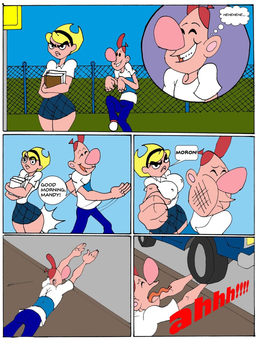 1boy 1girls 2010s 2017 4_fingers 5_panel_comic aged_up ass_slap big_breasts big_nose billy_(billy_and_mandy) black_text blonde_hair blue_bottomwear blue_pants blue_shirt blue_skirt blue_topwear breasts buenos_dias_mandy butt_slap caglioro3666 car cartoon_network comic duo english female hard_translated holding_book light-skinned_female light-skinned_male male mandy_(billy_and_mandy) meme nipple_outline older pink_nose punch red_hat red_headwear red_text screaming skirt striped_shirt striped_topwear text the_grim_adventures_of_billy_and_mandy thought_bubble translated two_tone_topwear two_tone_topwear_(blueandwhite) white_sclera white_shirt white_speech_bubble white_thought_bubble white_topwear wide_hips