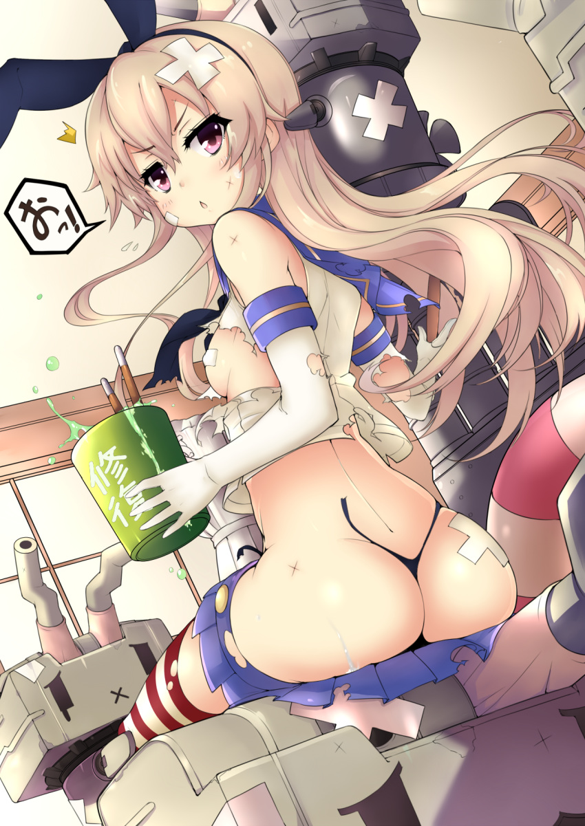 10s :x ass back bandage black_panties blonde_hair blush breasts bruise chestnut_mouth cuts derivative_work elbow_gloves erect_nipples female from_behind gloves highleg highleg_panties highres hoshi_(menma) injury kantai_collection lifebuoy long_hair looking_at_viewer looking_back medium_breasts open_mouth panties pasties pink_eyes rensouhou-chan sailor_collar shimakaze_(kantai_collection) shirt sitting skirt solo striped striped_legwear thighhighs torn_clothes torn_panties torn_shirt torn_skirt torn_thighhighs underwear white_gloves