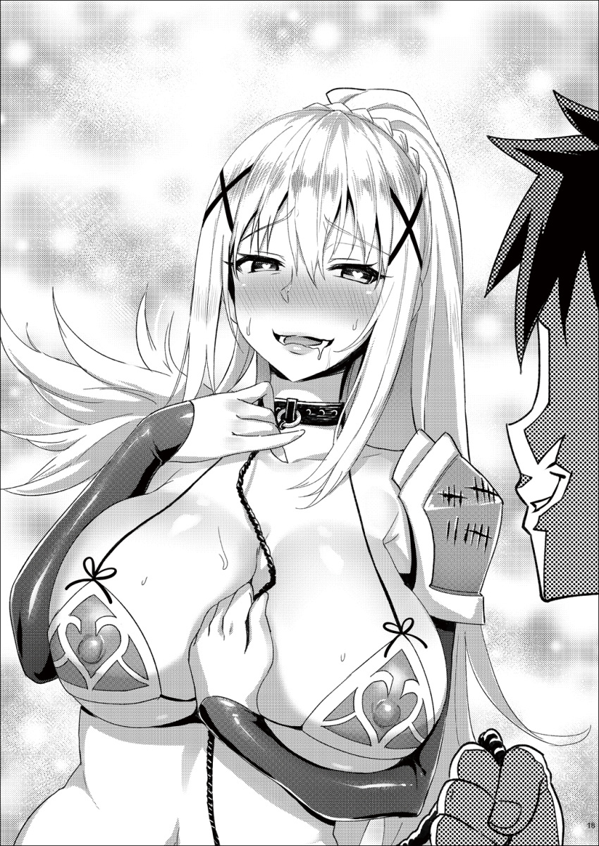 1boy 1girls bikini blush bondage breasts cleavage collar darkness_(konosuba) detached_sleeves drooling erect_nipples female femsub greyscale grin hair_between_eyes hair_ornament happy_sub heart heart-shaped_pupils highres holding_leash kono_subarashii_sekai_ni_shukufuku_wo! large_breasts leash long_hair maledom monochrome page_18 ponytail saliva satou_kazuma slave smile submissive_female sweat swimsuit symbol-shaped_pupils tally tally_marks x_hair_ornament zhen_lu