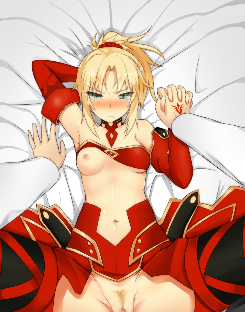 1boy areolae armpits bare_shoulders blonde_hair blonde_pubic_hair blush breasts command_spell commentary_request detached_sleeves fang fate/grand_order fate_(series) female green_eyes groin hand_behind_head highres lying male medium_breasts missionary mordred_(fate) navel nipples on_back one_breast_out open_mouth ponytail pov pov_eye_contact pubic_hair scrunchie spread_legs straight tearing_up yagyuu_katsuda