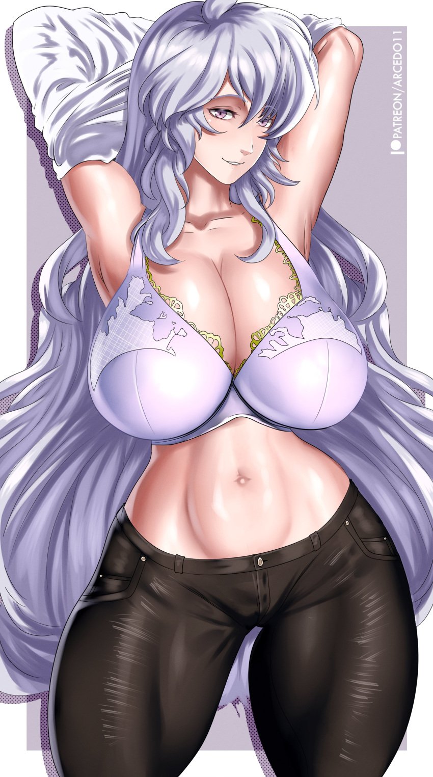 1girls arcedo belly_button big_breasts black_pants bra breasts commission commissioner_upload deirdre_(fire_emblem) female female_only fire_emblem fire_emblem:_genealogy_of_the_holy_war half-dressed huge_breasts long_hair pants plain_background purple_body purple_bra purple_hair smile taking_clothes_off